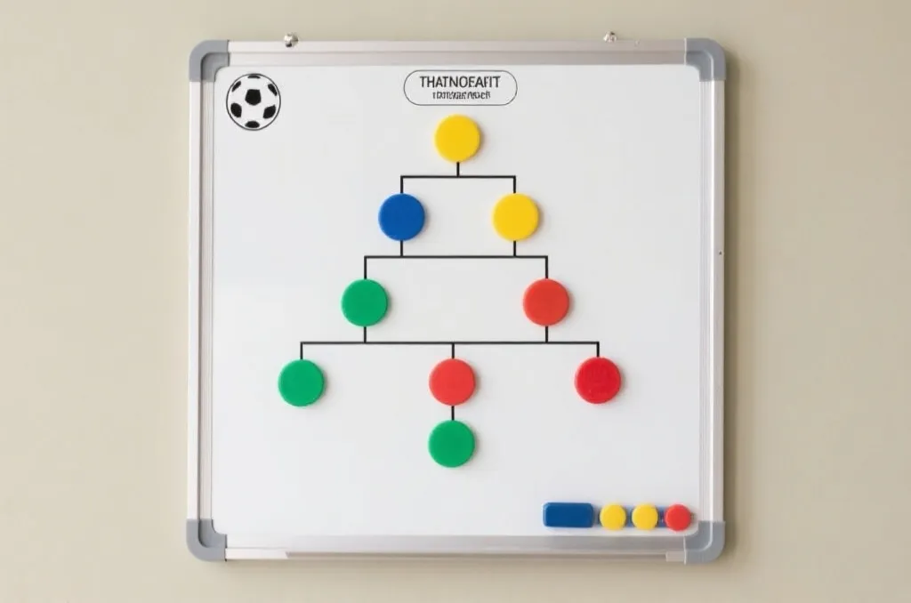A tactical soccer board with generic colored magnets showing a tournament bracket, neutral and clean design